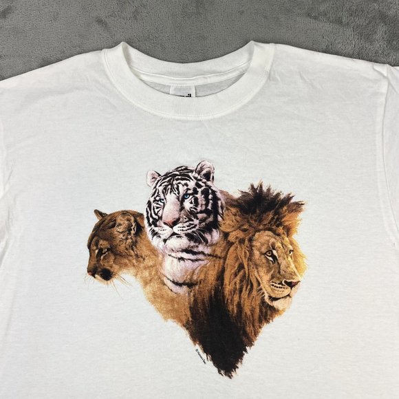 Vintage Human-i-Tees Cougar Lion Tiger Graphic Short Sleeve White T-Shirt Anvil - Picture 2 of 7